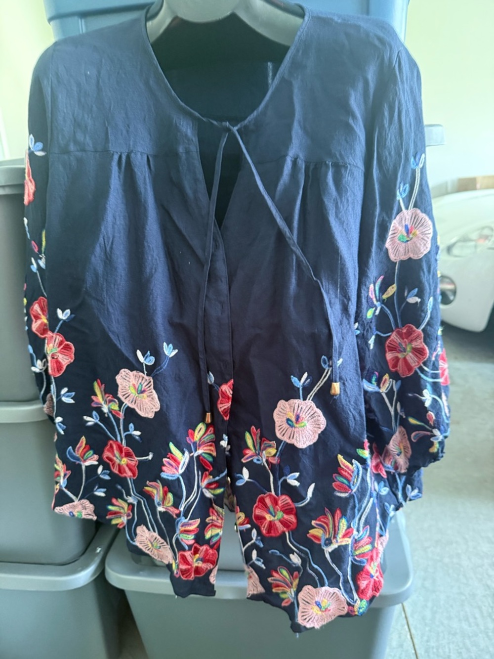 Embroidered Navy Floral Peasant Blouse mp1